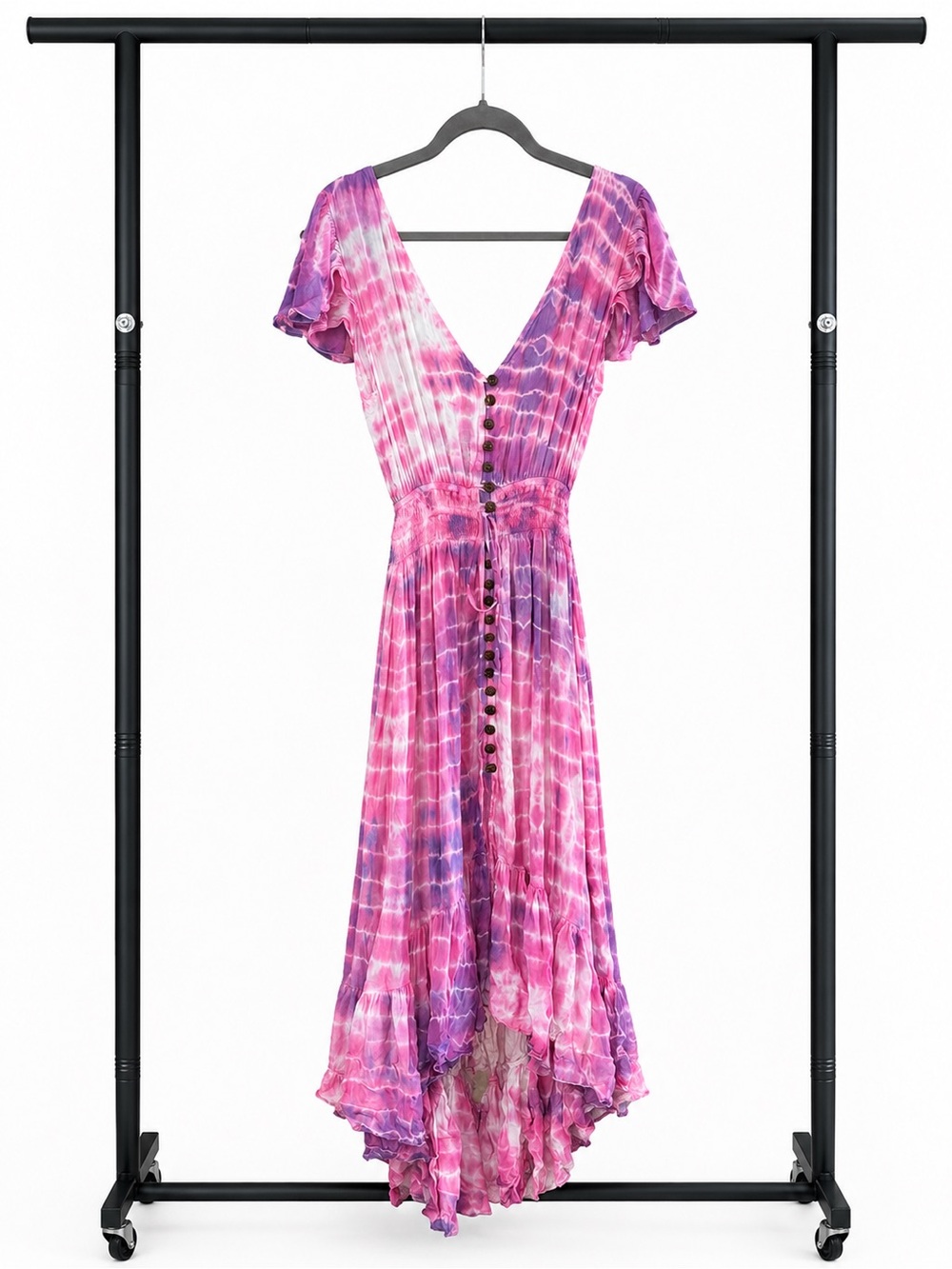 Tiare Hawaii Pink & Purple Tie-Dye V-Neck High-Low Dress